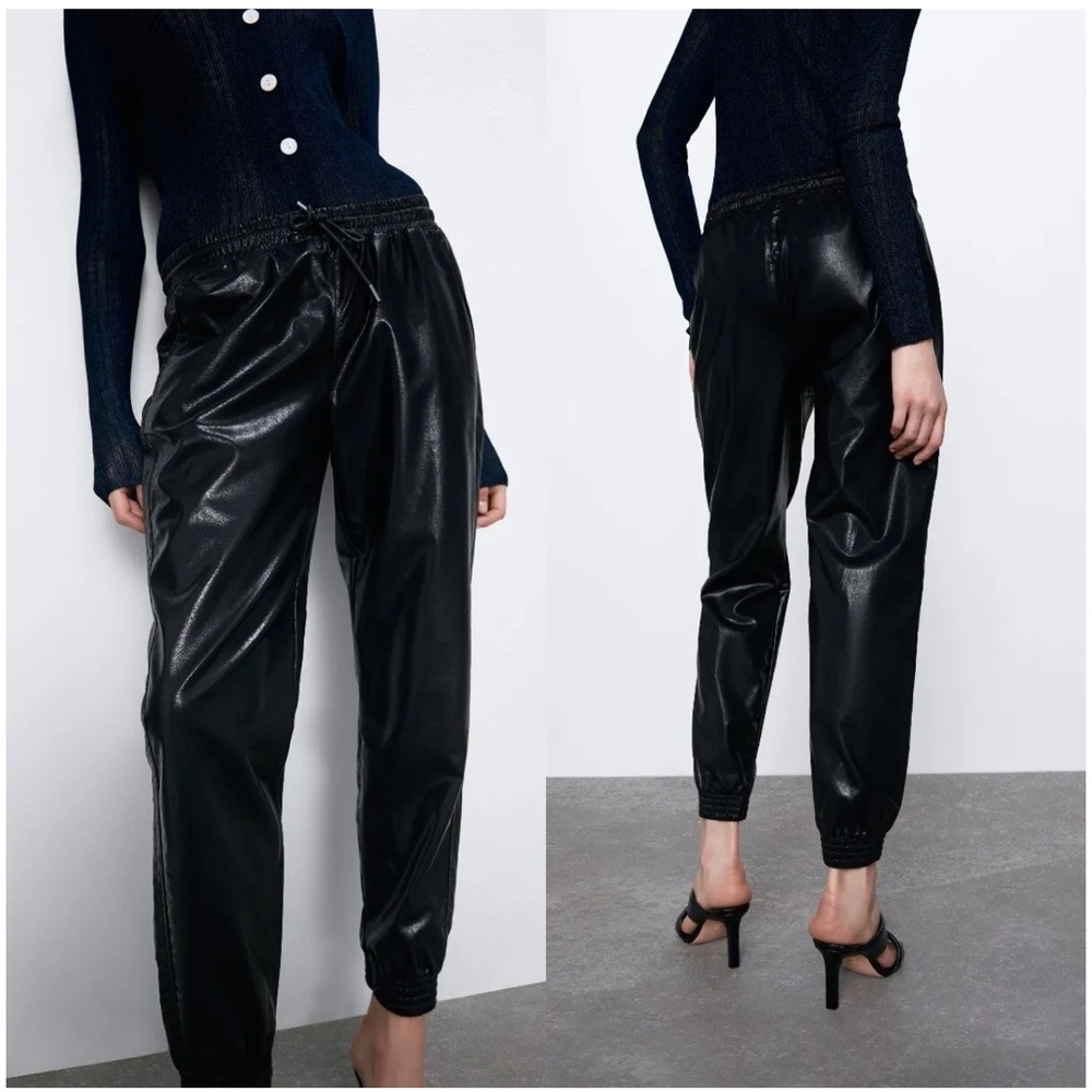 ZARA Women's Size S Black Faux Patent Leather Jogging Pants Pull On Drawstring